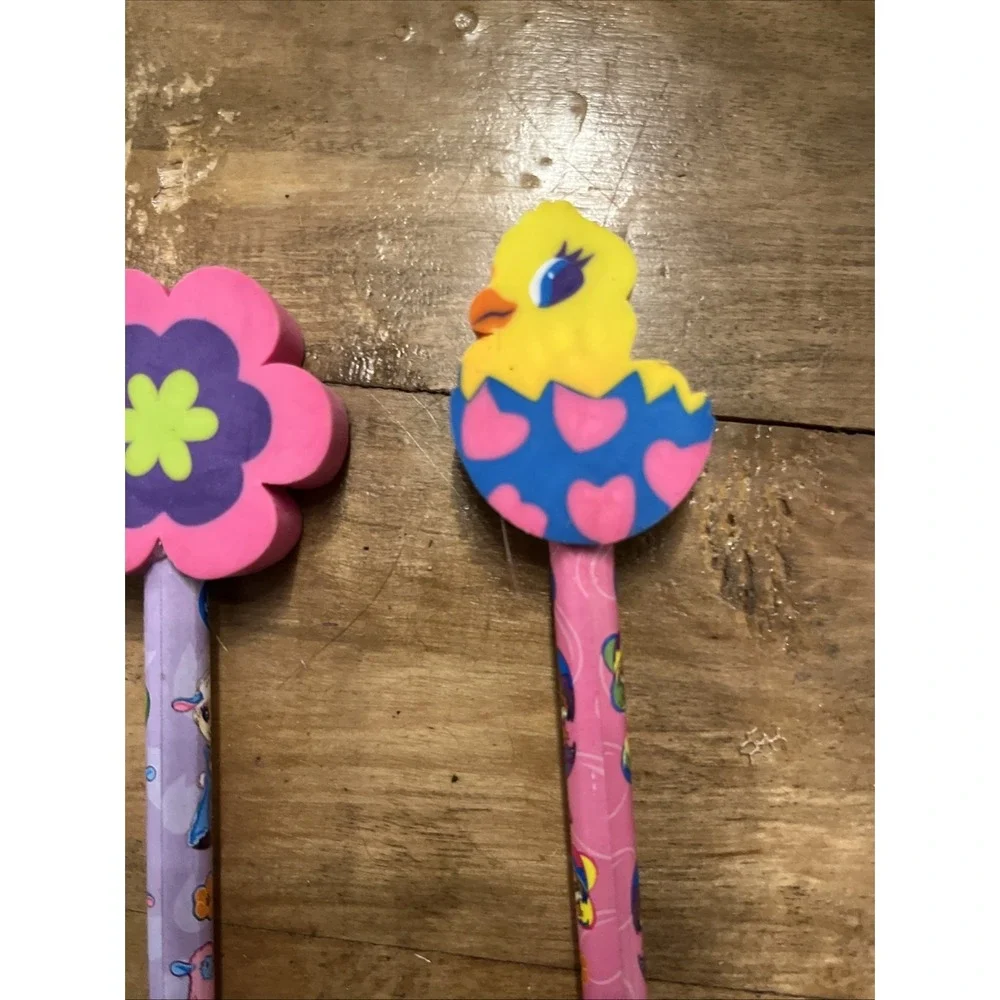 Vintage Lisa Frank Lot 6 NOS Pencils With Toppers Chick Egg Bear Egg Flower 90s